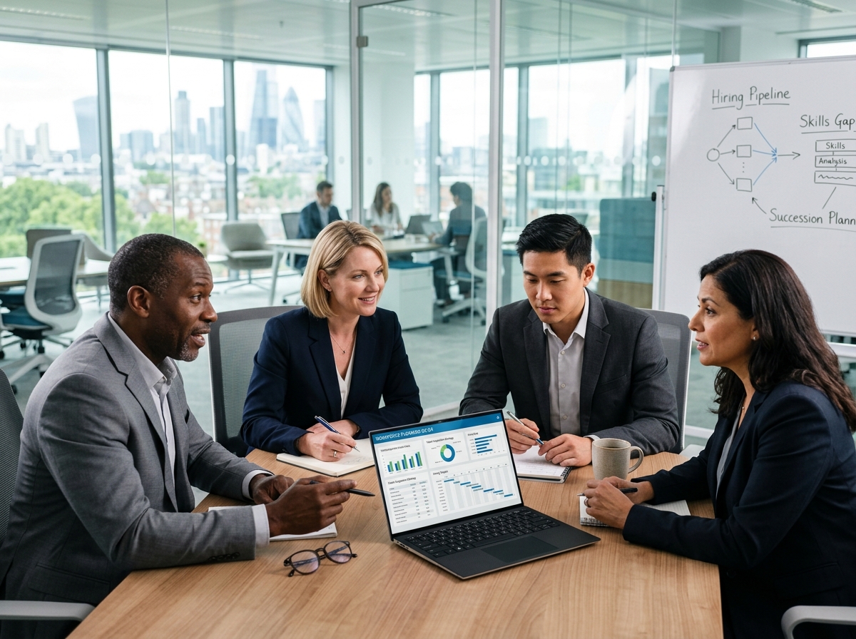 Corporate leadership team reviewing hiring plans around a table in a bright office