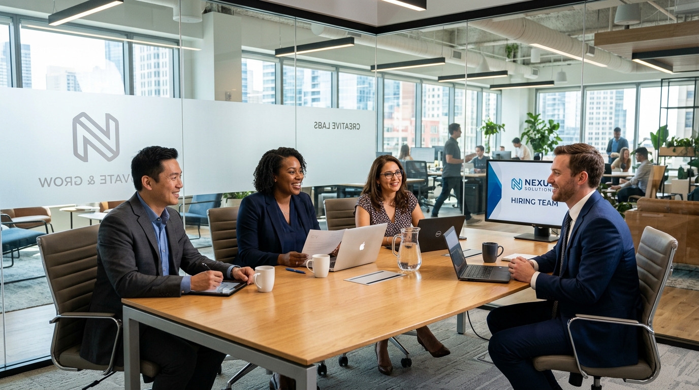 Diverse hiring team conducting a professional job interview in a modern bright corporate setting